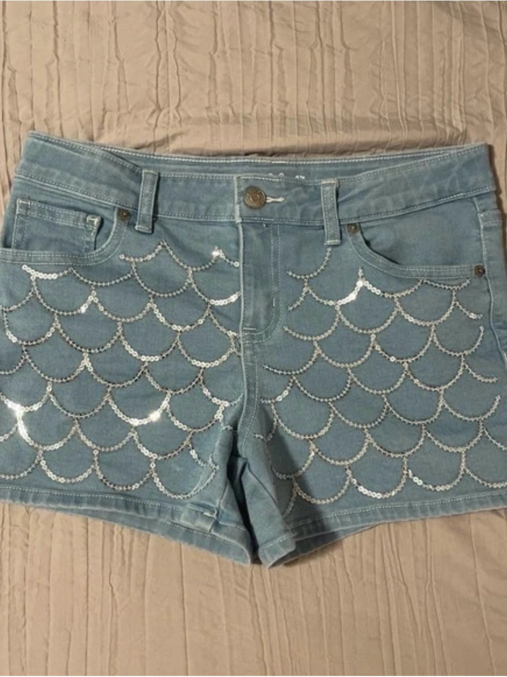 Cat & Jack Light Blue Sequin Scallop Denim Shorts